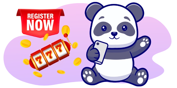 A cartoon panda sits holding a phone, with a red "REGISTER NOW" banner and a slot machine showing "777" with falling coins in the background.