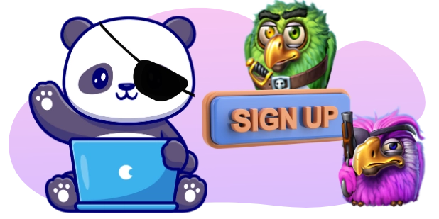 A cartoon panda wearing an eyepatch sits at a laptop and waves, beside a "SIGN UP" button and two pirate-themed parrot characters, all against a gray and purple background.