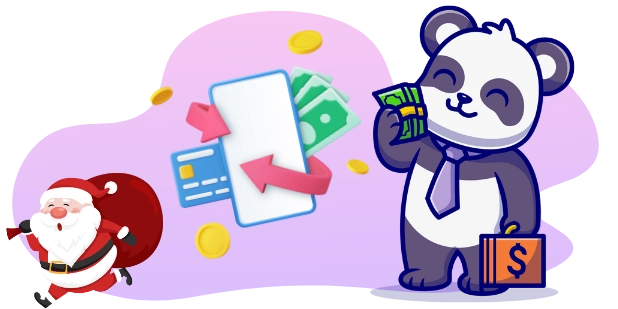 A cartoon panda in a tie holds money and a briefcase with a dollar sign, while a phone displays a money transfer with an arrow, credit cards, and cash, as Santa Claus runs in the background.