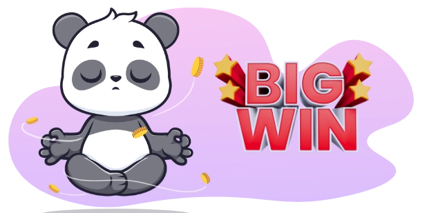 A cartoon panda meditates with coins floating around it, while the words "BIG WIN" are displayed in large, bold letters.