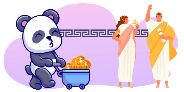 A cartoon panda pushes a blue cart filled with gold coins, with a winking expression, while two figures in classical Greek attire stand in the background against a gray and purple backdrop with a Greek key pattern.