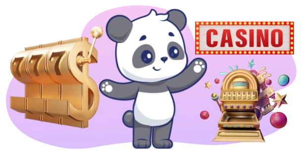 A cartoon panda gestures toward a casino scene, featuring a golden slot machine with the number 777, a smaller vintage slot machine, scattered casino chips and dice, and a brightly lit "CASINO" sign.