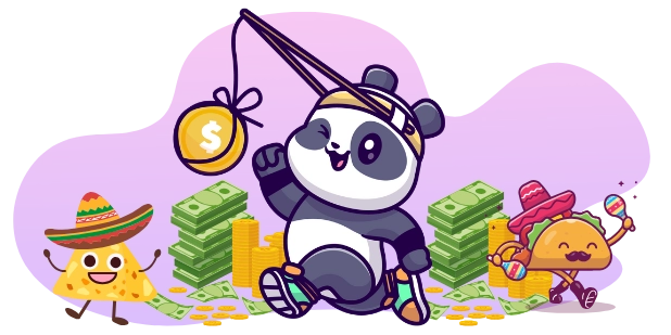 A cartoon panda winks and fishes for a gold coin with a dollar sign, surrounded by stacks of cash, with a nacho chip and a taco, both wearing sombreros, cheering him on.