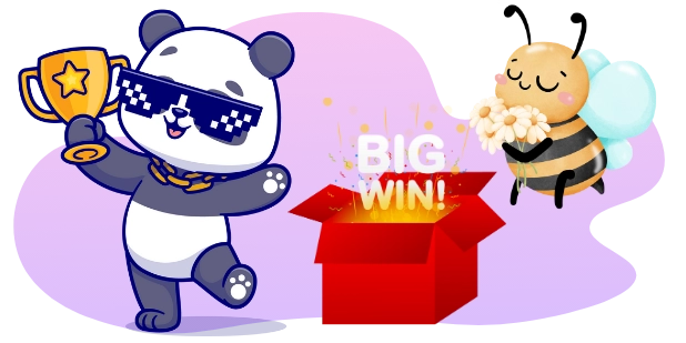 A cartoon panda wearing pixelated sunglasses and a gold chain holds a trophy, while a bee with flowers looks on as a "BIG WIN!" message appears above a red gift box against a gray background.