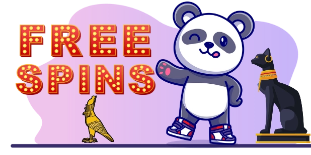 A cartoon-style image featuring a winking panda wearing red sneakers, waving next to bright red "FREE SPINS" text with a yellow dotted outline, with a golden bird below and a black cat with golden Egyptian-style markings on a pedestal to the right, all against a gray and purple background.