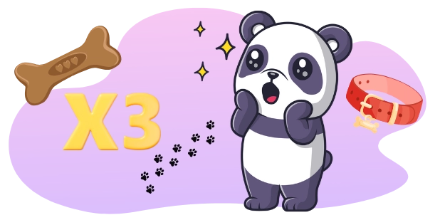 A surprised cartoon panda reacts to a large "X3" symbol, with a dog bone and collar visible, suggesting a multiplier or reward.