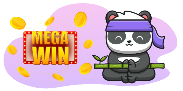 A cute cartoon panda wearing a purple headband sits in a yoga pose on a bamboo stalk, with a "MEGA WIN" sign and falling coins in the background.