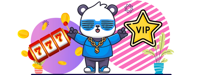 A cool cartoon panda wearing sunglasses, a gold chain, and a blue outfit gestures with both hands next to a slot machine showing "777" and a yellow star with "VIP" written on it, with falling coins and decorative elements in the background.