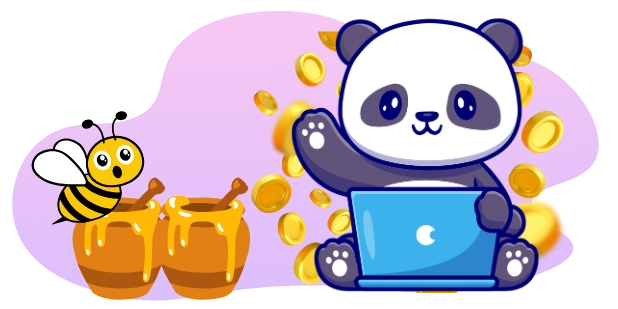 A cartoon illustration featuring a panda sitting and working on a blue laptop, with a surprised-looking bee beside two dripping honey pots, and gold coins scattered around, all against a gray and purple background.