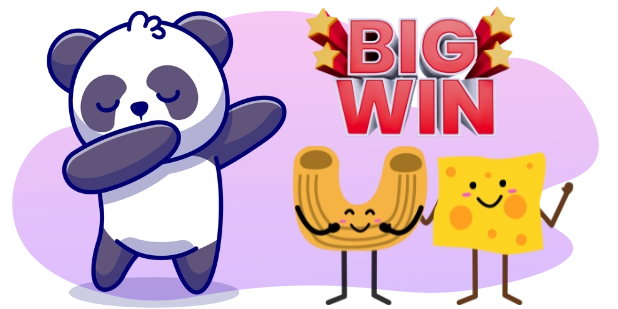 A cartoon panda dabs next to a "BIG WIN" sign and cartoon macaroni and cheese characters.