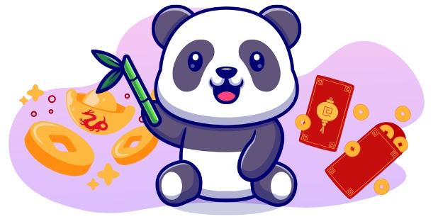 A cartoon panda with a happy expression sits while holding a bamboo stalk, with gold ingots, coins, and red envelopes with Chinese characters scattered around, all against a gray and purple background with sparkling stars.