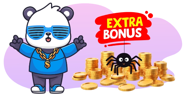 A cartoon panda wearing sunglasses and a gold chain gestures with open arms towards a red "EXTRA BONUS" sign, with a black spider dangling below it, and stacks of gold coins in the foreground, all against a gray and purple background.