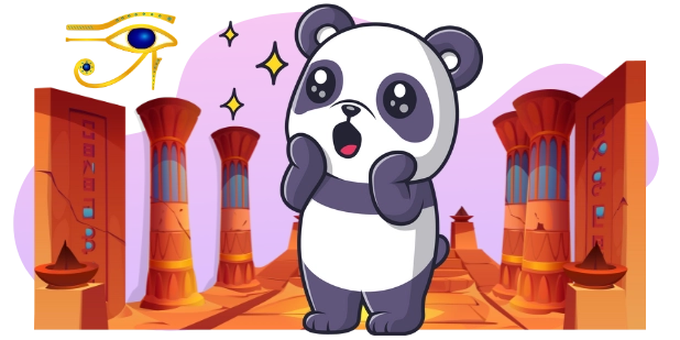 A cartoon-style image featuring a surprised panda with its hand to its cheek, standing in a stylized Egyptian temple setting with tall columns, ornate doorways, a glowing Eye of Horus symbol, and small offering bowls, all against a gray and purple background.