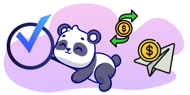 A happy cartoon panda looks towards a blue check mark, with a dollar coin and a paper airplane in the background, suggesting successful financial transactions or approvals.