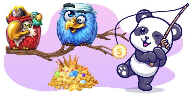 A cartoon panda winks and holds a fishing rod with a dollar coin as bait, standing next to a branch with two pirate-themed birds and a pile of gold coins with gems, all against a gray and purple background.