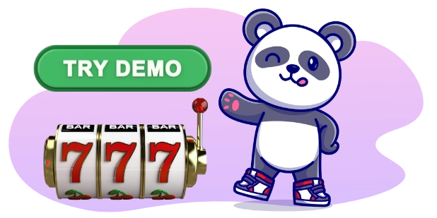 A cartoon panda winks and gestures towards a slot machine displaying "BAR" and "777", next to a green button labeled "TRY DEMO". The panda wears red sneakers and the scene suggests a fun, trial gaming experience.