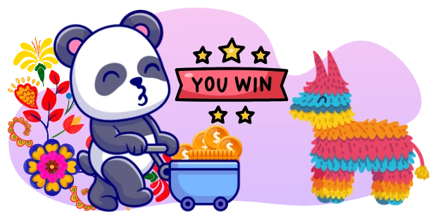 A cartoon panda pushes a blue cart filled with gold coins, celebrating a "You Win" message with stars, next to a colorful piñata donkey and vibrant floral decorations.