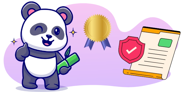 A cartoon panda winks and gives a thumbs up while holding a small bamboo stalk, next to a golden seal and a document with a checkmark shield, suggesting approval or certification.