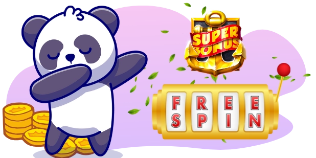 A cartoon panda dabbing with its eyes closed, next to a stack of gold coins and a slot machine reel displaying "FREE SPIN" with a "SUPER BONUS" anchor symbol above, all against a gray and purple background with scattered green leaves.