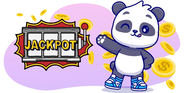 A winking cartoon panda in blue sneakers gestures excitedly next to a slot machine showing "JACKPOT" and falling coins.