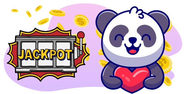 A cartoon panda holds a red heart against its chest, with a slot machine displaying "JACKPOT" and falling gold coins in the background, conveying a sense of love and winning.