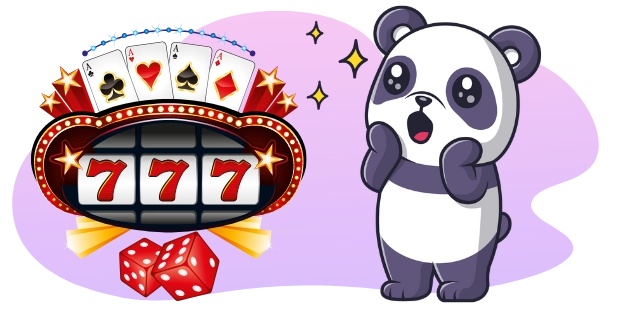 A surprised cartoon panda reacts to a brightly lit "777" slot machine symbol with four aces and two dice below, suggesting a big win or jackpot.