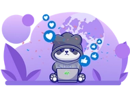 A cartoon cat wearing a hoodie and using a laptop, surrounded by floating social media icons like hearts and thumbs up, with a purple background.