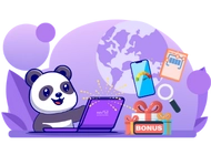 A cheerful cartoon panda using a laptop, with icons of a mobile phone, a clipboard, and a gift box labeled 