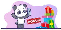 Cartoon panda holding a phone with the word "BONUS" and a stack of gifts.