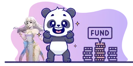 Cartoon panda with raised fists next to a speech bubble that says "FUND" and a stack of coins, with an anime girl figure in the background.