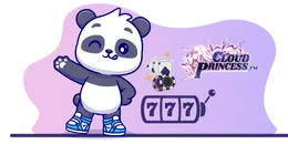 Cartoon panda waving next to "CLOUD PRINCESS" logo, playing cards, casino chips, and a "777" slot machine symbol.