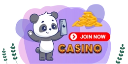 A cartoon panda promotes a casino with a "Join Now" button and a pile of gold coins.