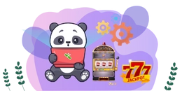 A cartoon panda sits holding a laptop in front of a slot machine that reads "777". Two gears hover above the slot machine, and plant-like shapes flank the image.