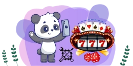 A cartoon panda holds a phone displaying a wrench and screwdriver crossed. To the right, a lit-up "777" slot machine graphic with playing cards and dice is featured.