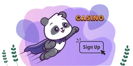 Cartoon panda wearing a cape promoting Super Panda Casino, with a "Sign Up" button.