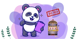 A cartoon panda holds a clipboard and gives a thumbs up next to a slot machine and a "Demo" sign.