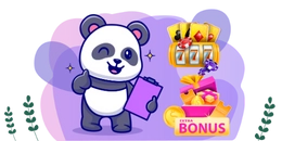 A cartoon panda winks and gives a thumbs up, holding a purple clipboard. Behind it, a slot machine displays "777" and colorful symbols,