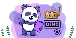 A cartoon panda winks and gives a thumbs up, holding a purple clipboard. Behind it, a slot machine displays "777".