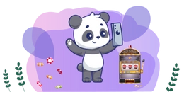 Cartoon panda holding a phone with a slot machine on the screen, next to a physical slot machine.