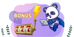 A cartoon panda wearing a blue cape operates a laptop next to a slot machine showing "777" and a "Bonus" sign with a lightning bolt.