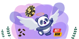 A cartoon panda with angel wings and a halo points upward to a floating casino chip with a dollar sign.