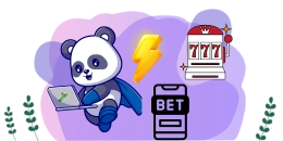 A cartoon panda wearing a blue cape types on a laptop. A lightning bolt graphic and a "BET" mobile app icon are displayed.