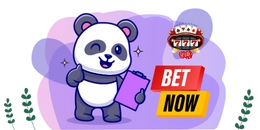 Cartoon panda holding a clipboard and gesturing towards a "Bet Now" button with a slot machine graphic.