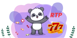 A cartoon panda gestures excitedly next to a slot machine with "777" and "Jackpot" displayed, with the letters "RTP" above.