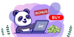 A cartoon panda sits at a laptop with a "BONUS" sign above and a "BUY" button to the side. A pile of cash is next to the laptop.