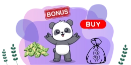 A cartoon panda stands with arms outstretched, a "BONUS" sign above and a "BUY" button to the side.