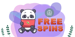 Cartoon panda holding a laptop with a free spins offer on screen, featuring a roulette wheel.