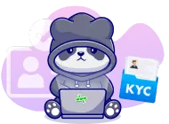 A serious-looking panda in a hoodie using a laptop, with KYC (Know Your Customer) identification and user profile icons in the background, symbolizing security and identity verification.