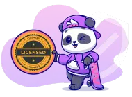 A happy panda in a cap and hoodie holding a 'Licensed' badge while standing next to a skateboard, representing trust and certification. The background features a verification symbol.