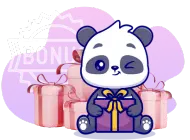 A cartoon panda winks while holding a gift box, surrounded by several wrapped presents. The word 